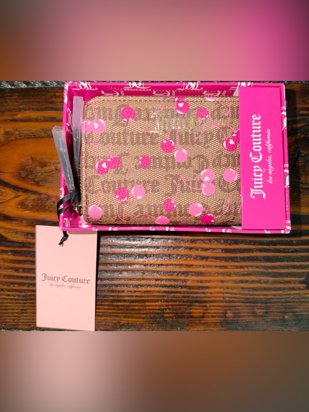 Juicy Couture Brown Wallet Pink Cherry Print NWT